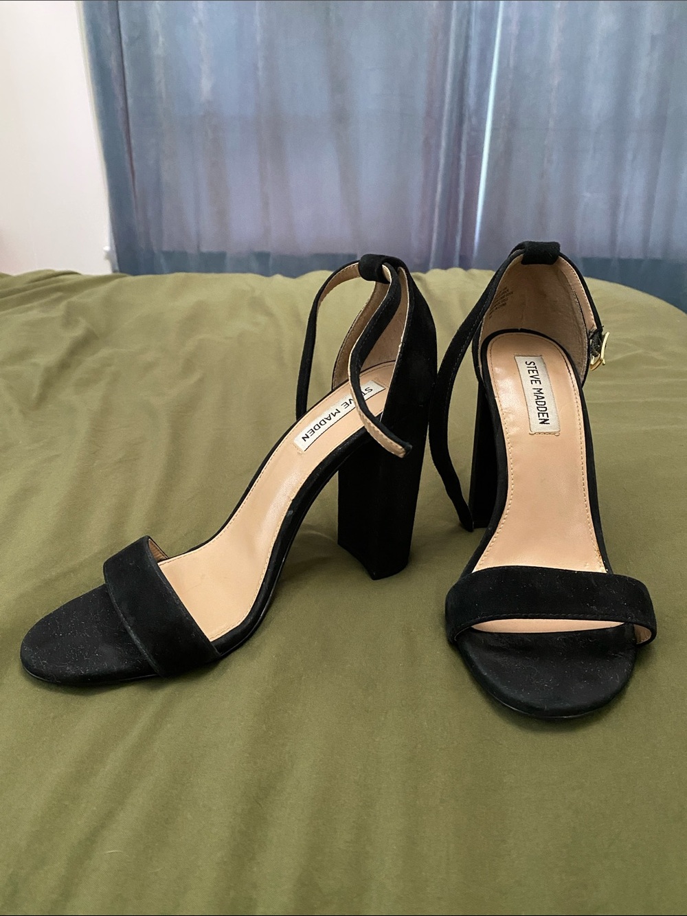Steve Madden Black Suede Block Heel Sandals with Ankle Strap
